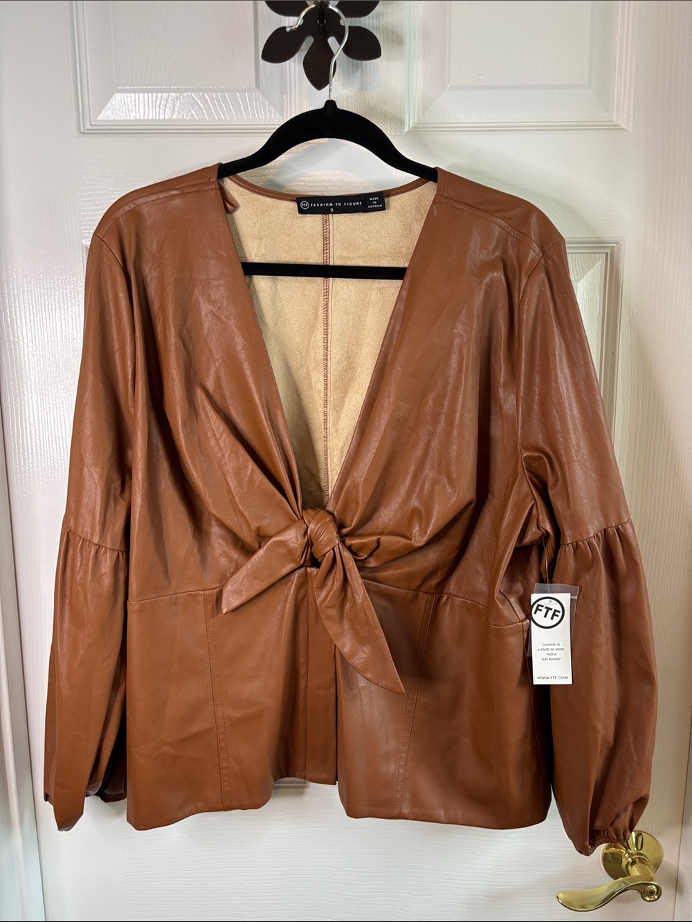 Fashion to Figure Cognac Tie-Front Faux Leather Jacket Size 2X NWT